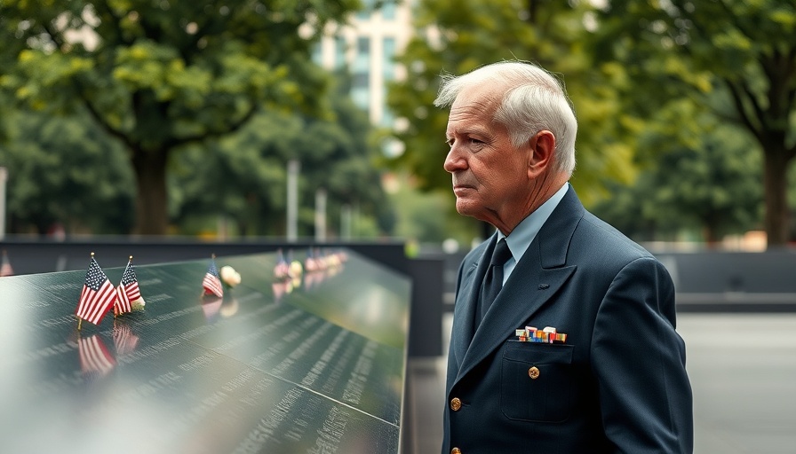 Solemn man in uniform at 9/11 memorial with flags, 24th anniversary of 9/11 attacks.