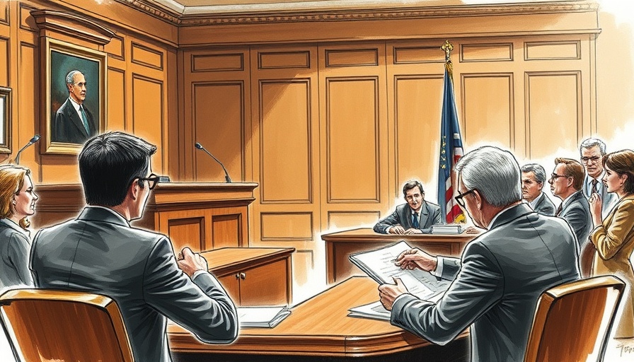 Detailed courtroom sketch of a trial scene with individuals, Trump assassination trial.