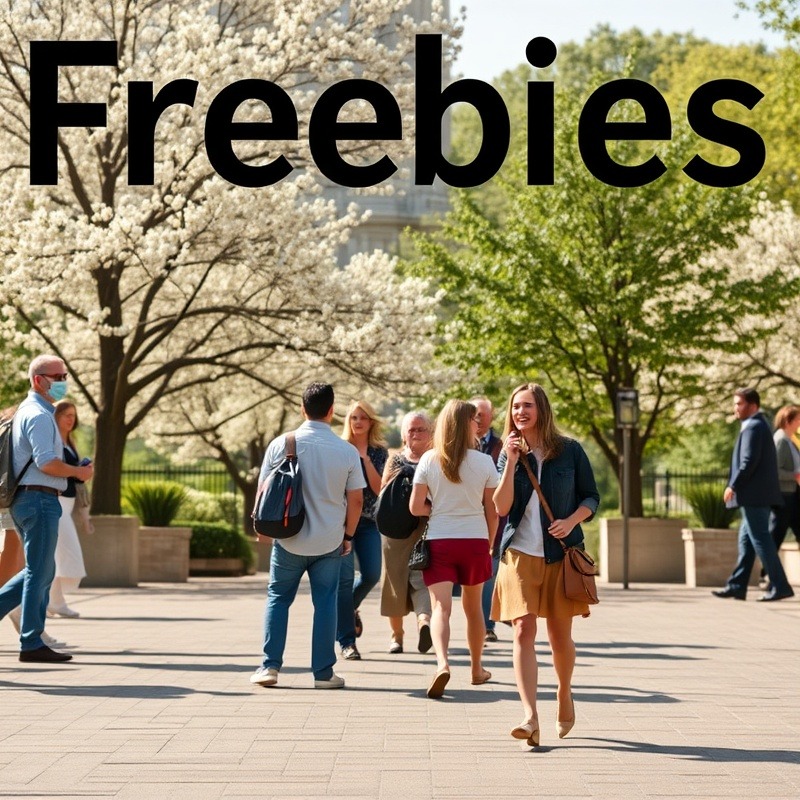 Realistic people enjoying freebies in a vibrant setting.