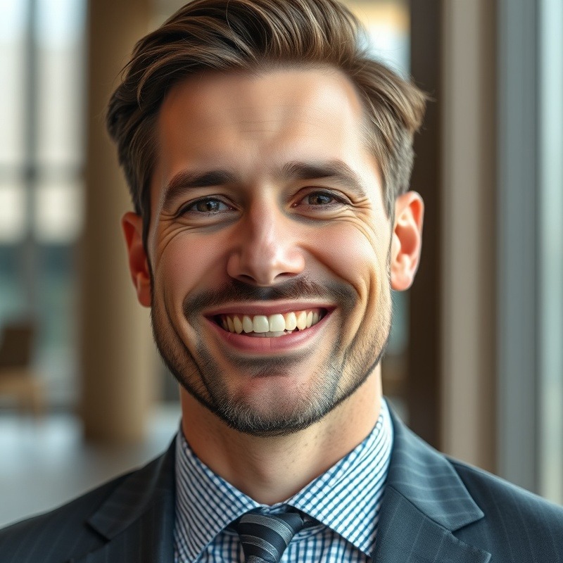 Realistic image of a smiling businessman exuding confidence and professionalism.