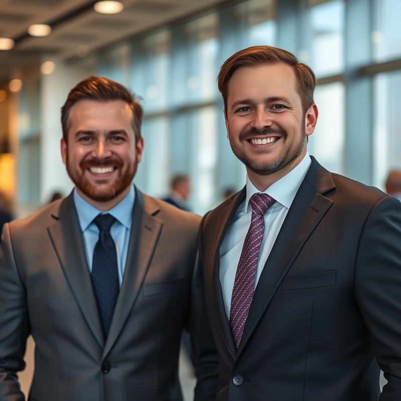 Smiling business men in a professional setting, exuding confidence and teamwork.