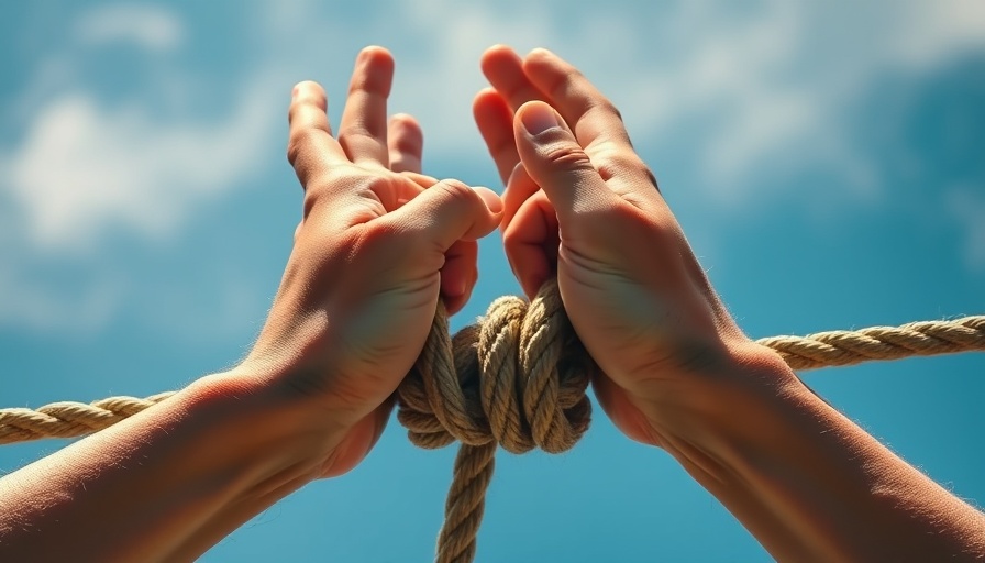 Hands breaking free from rope symbolizing liberation against blue sky, NCCLs.