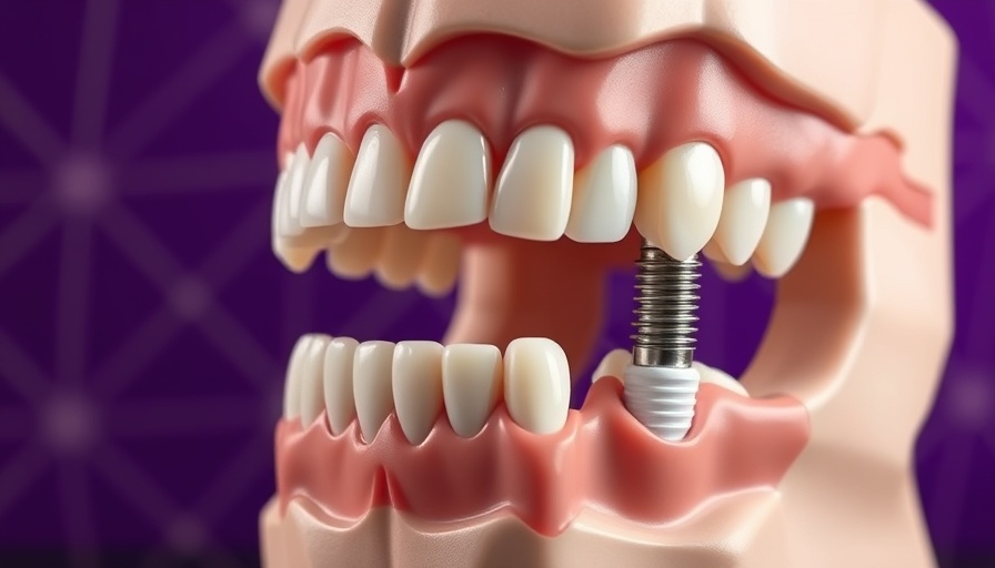 Dental education model illustrating implant assembly, purple background.