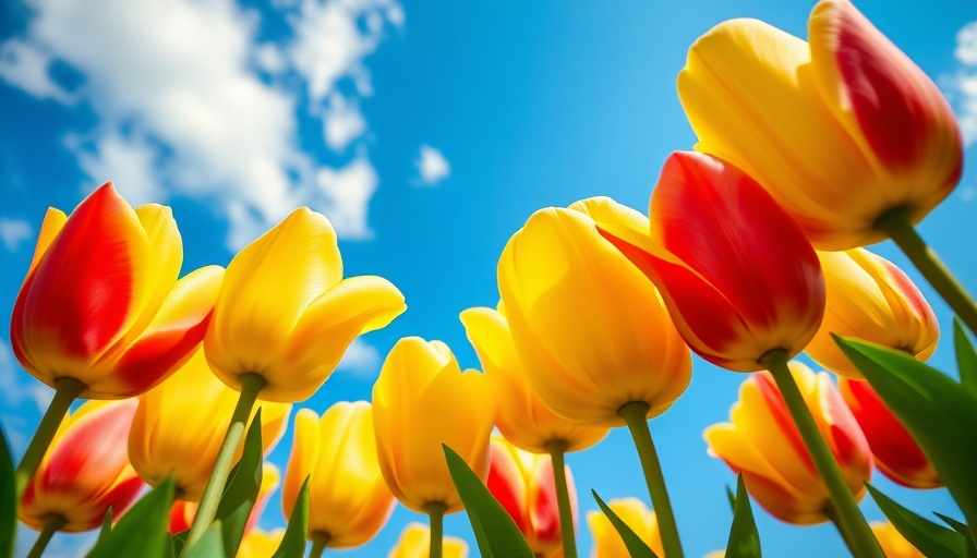 Colorful tulips under a blue sky