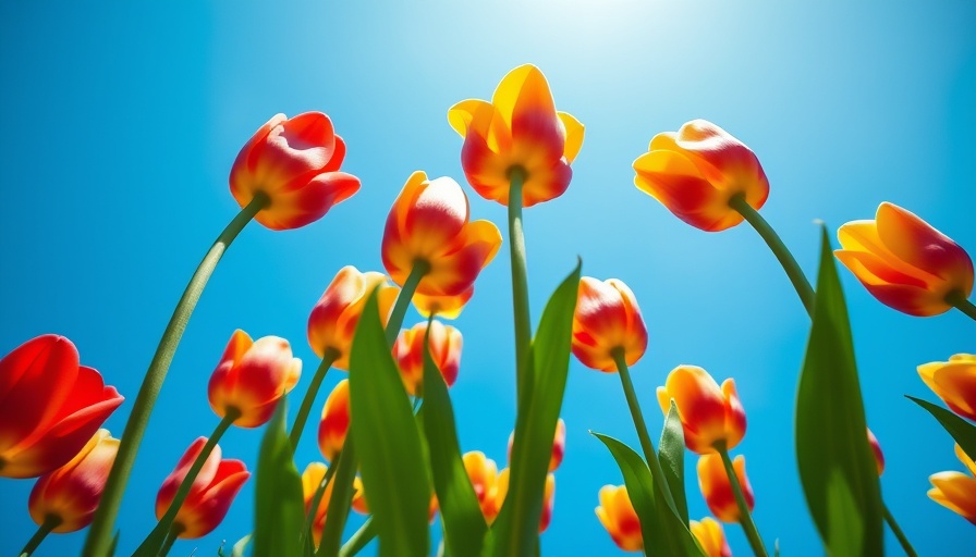 Vibrant tulips against a clear sky under bright light.