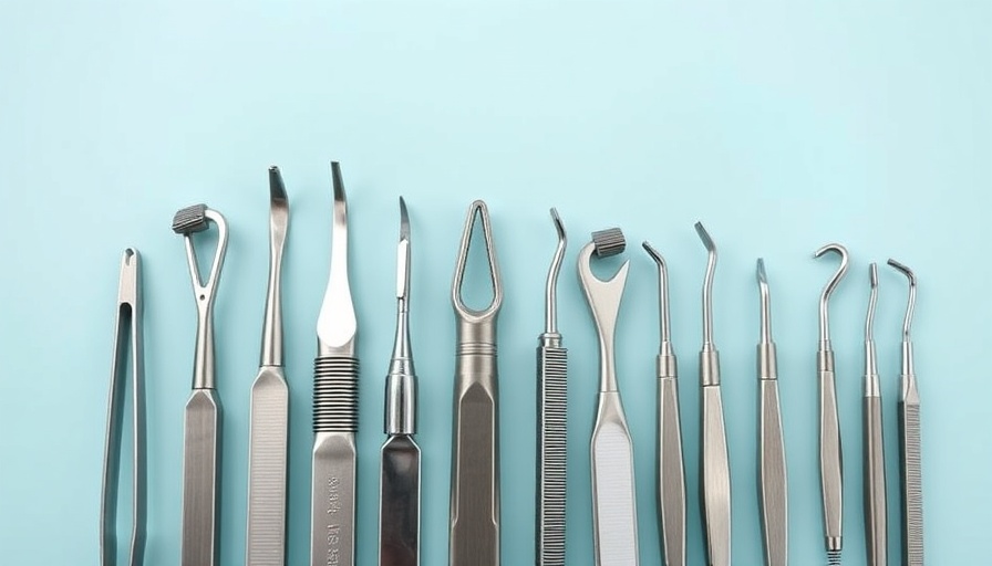 Assorted stainless steel dental tools for implants