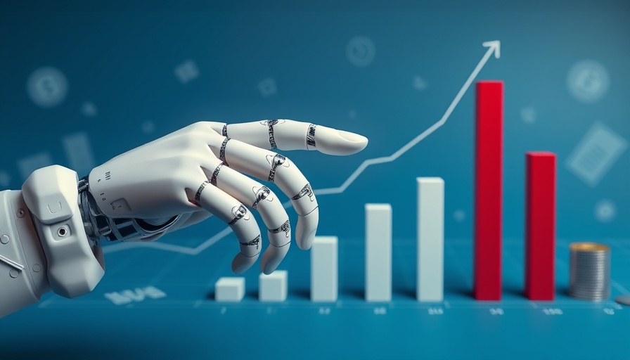 Futuristic robotic hand with bar graph on blue background.