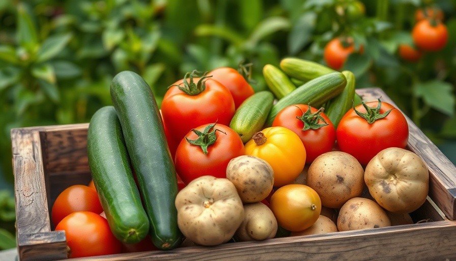 Easy crops vegetables in a rustic wooden crate in garden.