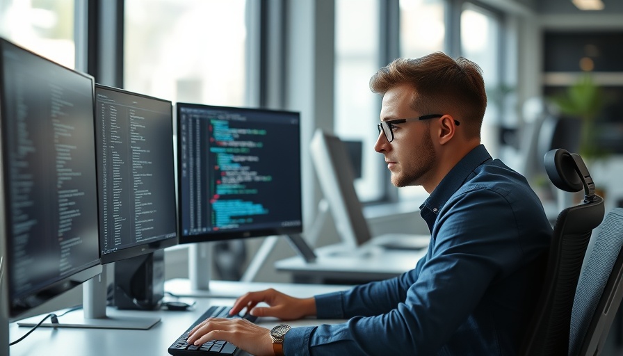 Focused data engineer in modern tech office.