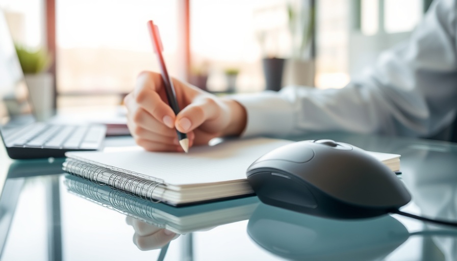Close-up of hand writing at a desk, natural light, AI in Retail concept.
