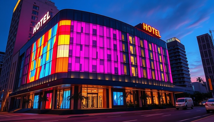 Resorts World hotel with vibrant LED displays at twilight.
