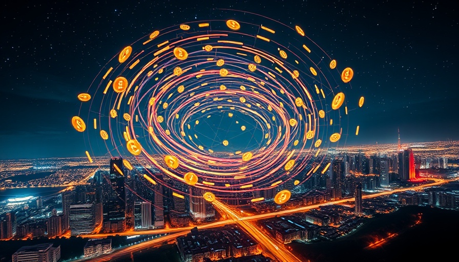 Crypto regulation concept with whirlwind of coins over digital city.