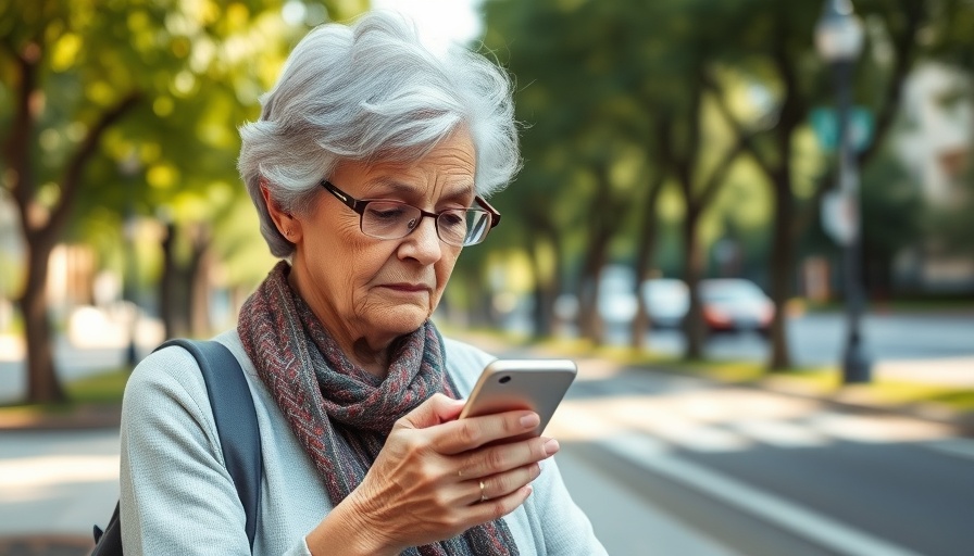 Elderly woman using smartphone in park, FTC tech support scams.