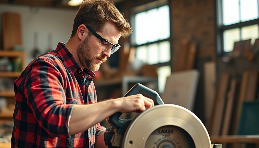 Man operating circular saw in home workshop, home business zoning concept.