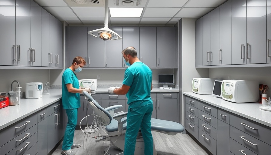 Modern dental sterilization room with staff handling equipment, pediatric dentistry.