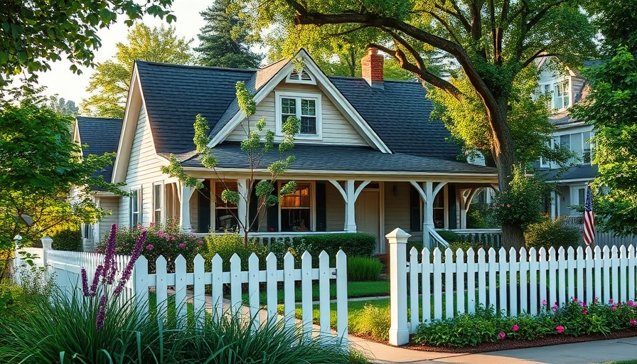 Charming suburban house with garden and white picket fence under soft lighting.