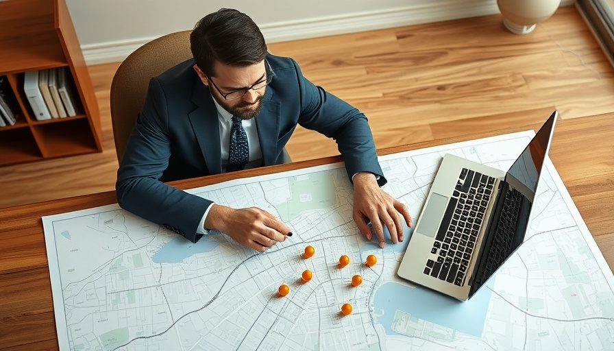 Businessman using laptop with map, symbolizes cloud technology.