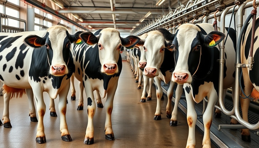 Holstein cows in a dairy farming parlor with milking machines.