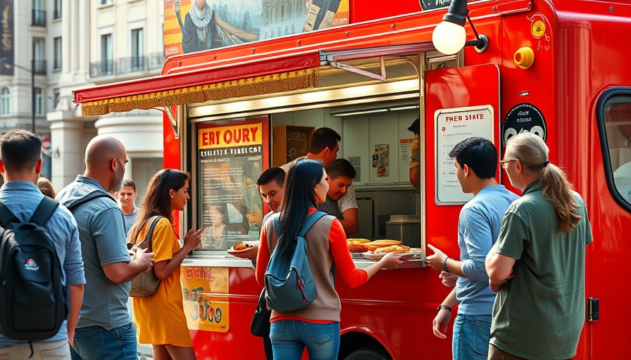Cheerful interaction at a vibrant red food truck franchise.