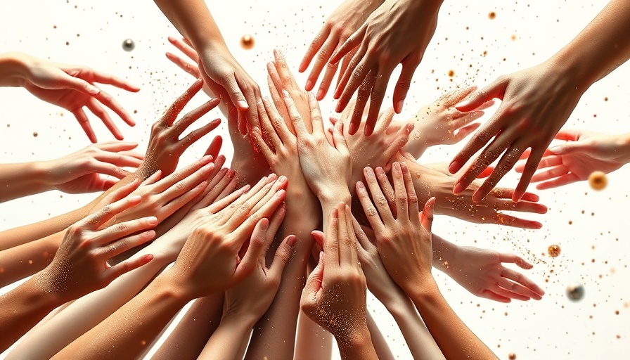 Abstract art of diverse hands reaching in a dynamic swirl.