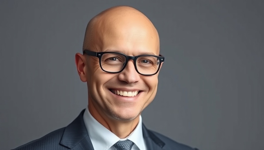 Professional man smiling in a suit, AI marketing context.