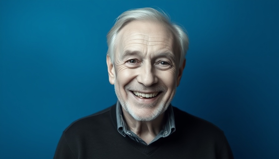 Elderly man's monochrome portrait with blue background