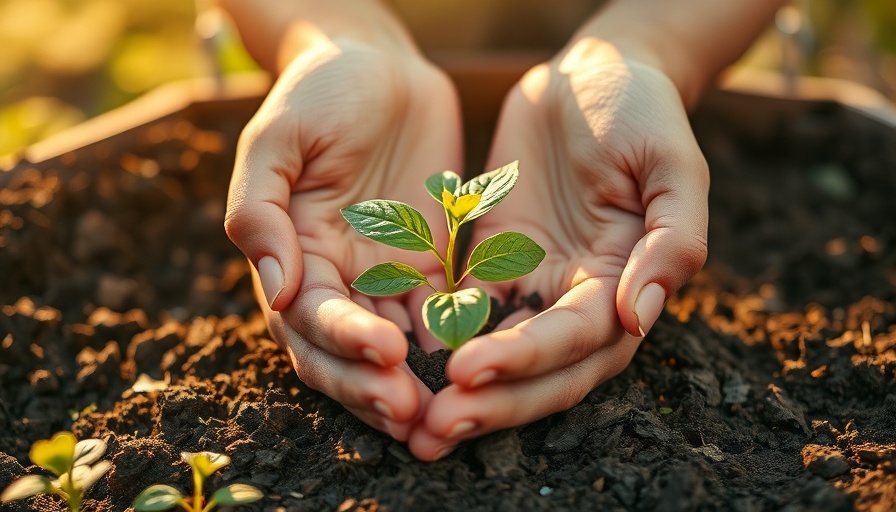 Hands nurturing a young plant in soil, symbolizing regenerative business.
