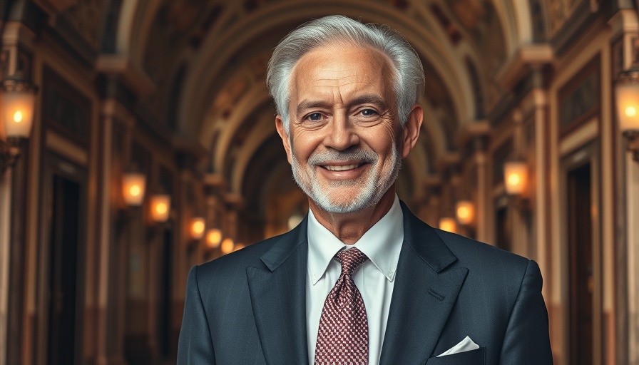 Distinguished businessman in elegant architectural hall, cryptocurrency Tether meeting.