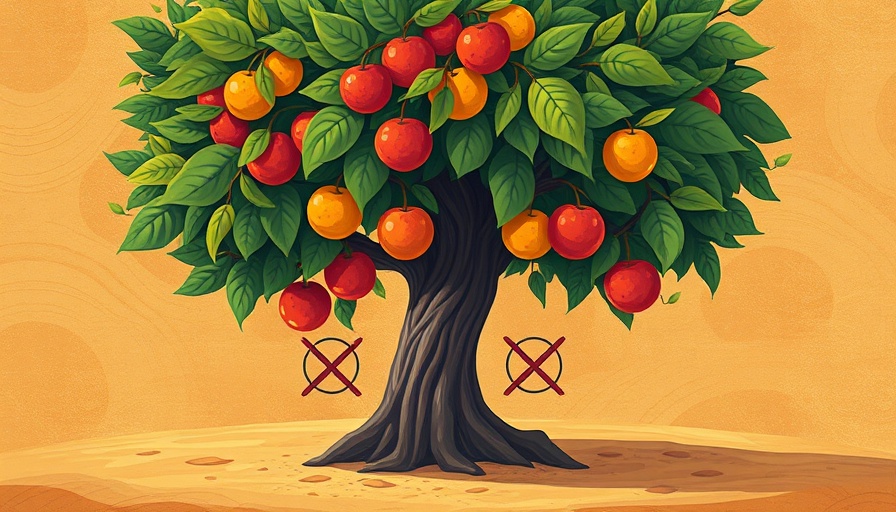 Whimsical tree with falling fruit in cartoon style.