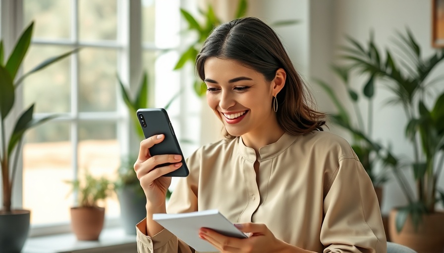 Woman recording voicemail messages at home office, smiling and writing.