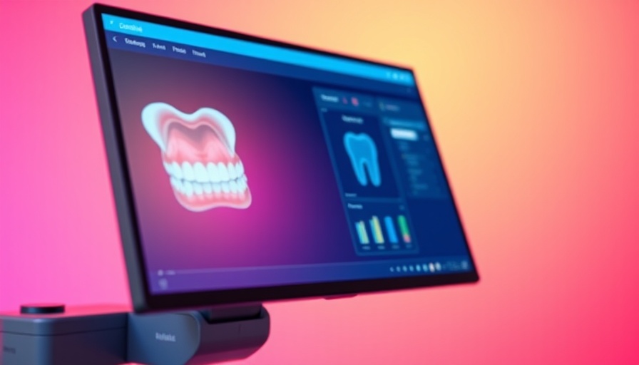 Dental software interface with dental product, gradient background.