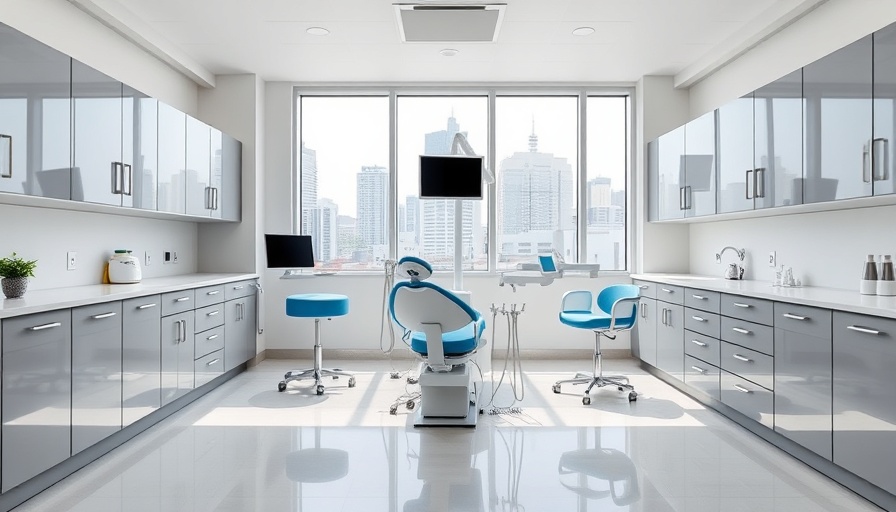 Modern pediatric dentist office with blue chair, city view.