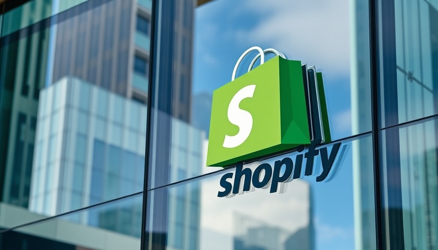 Shopify logo on modern glass building reflecting sky