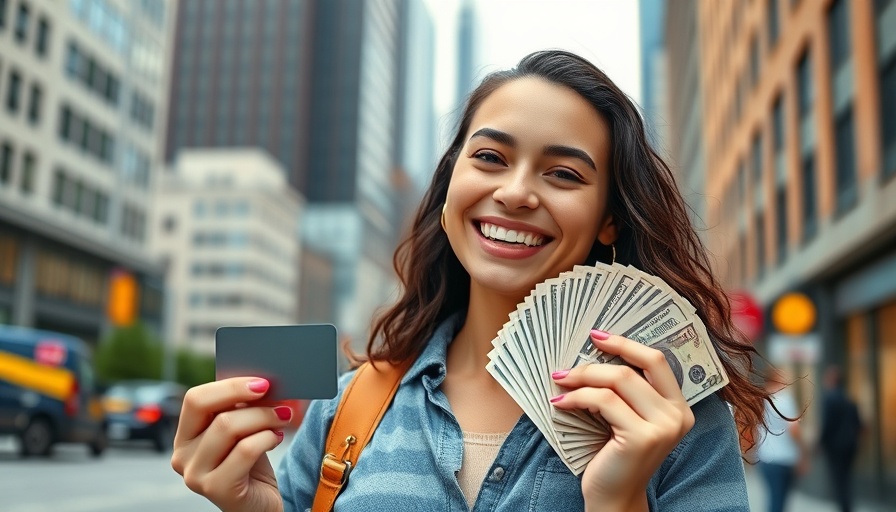 Smiling woman with business credit card and cash in city.