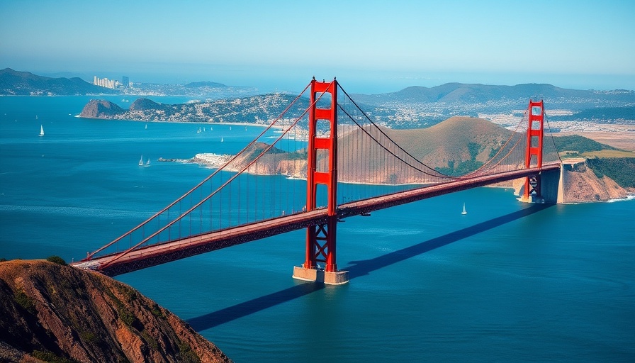 Golden Gate Bridge with blue sky and water, Civic Brands.