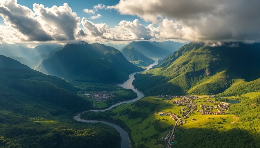 Scenic aerial view of lush valley and mountains, Viking leadership inspired landscape.