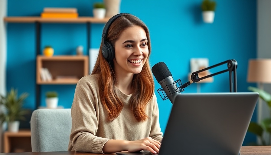 Young woman podcasting in a social media business setting.