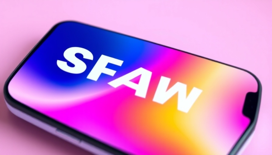 Colorful smartphone screen with bold text on gradient background.