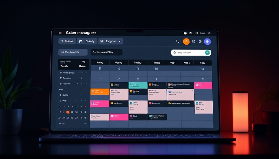 Modern salon software interface with colorful booking calendar.