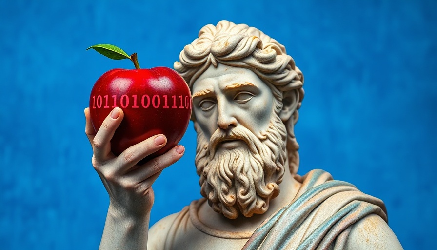 AI and business strategy symbolized by statue with binary code apple.