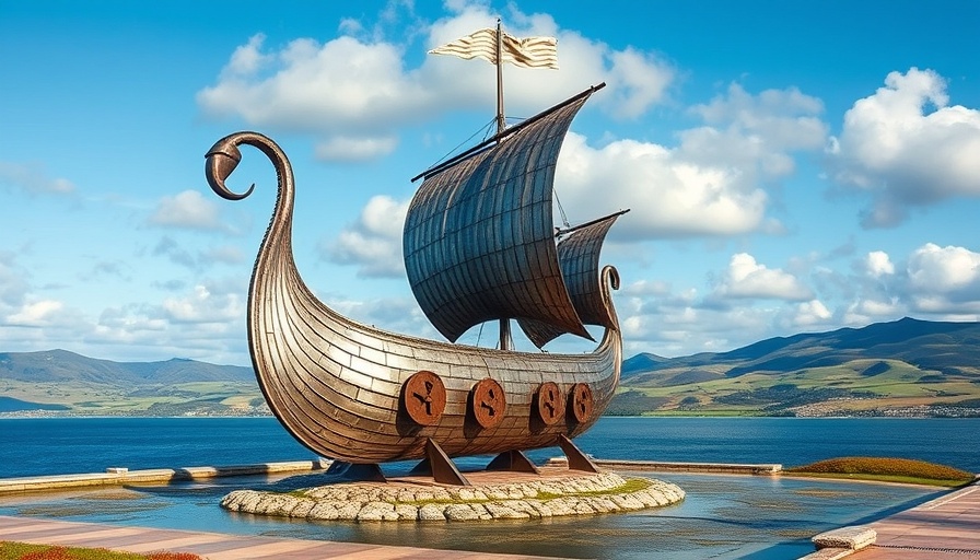 Viking ship sculpture by ocean, Nordic way coastal scene.