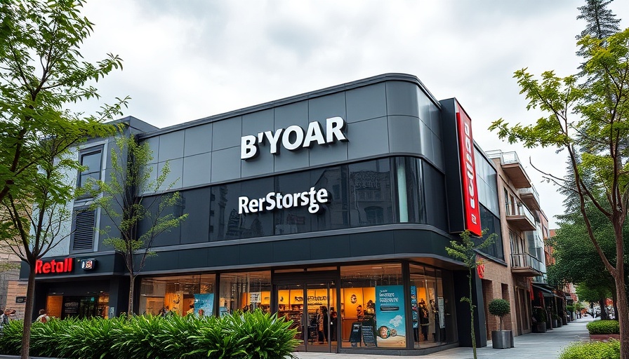 Brand Promise depicted by a modern retail store facade with lush greenery.