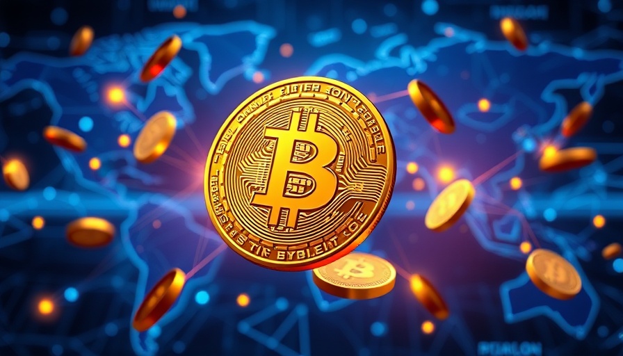 Digital Bitcoin cryptocurrency with world map background; Cryptocurrency concept