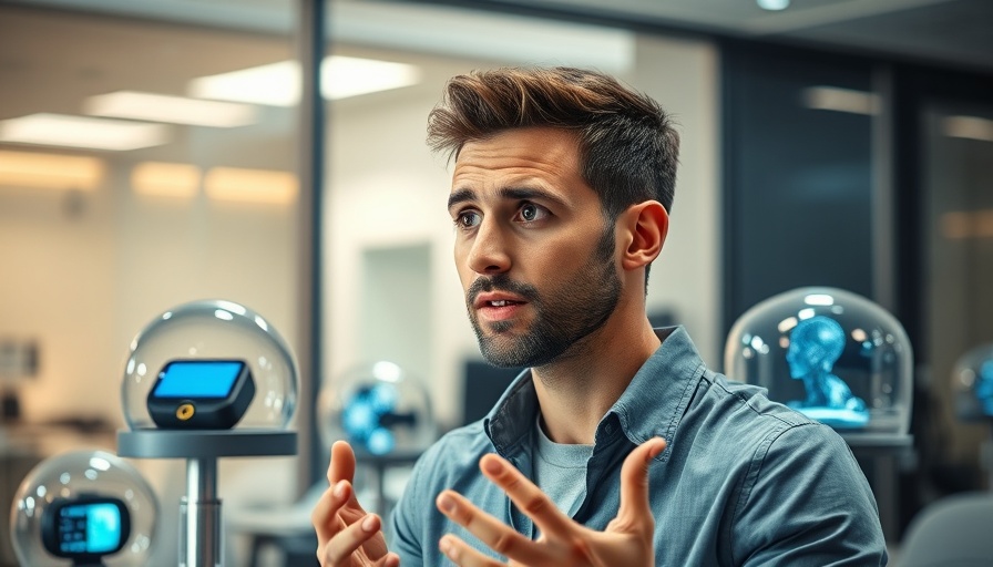 Tech employee explaining cryptocurrency devices in modern office.