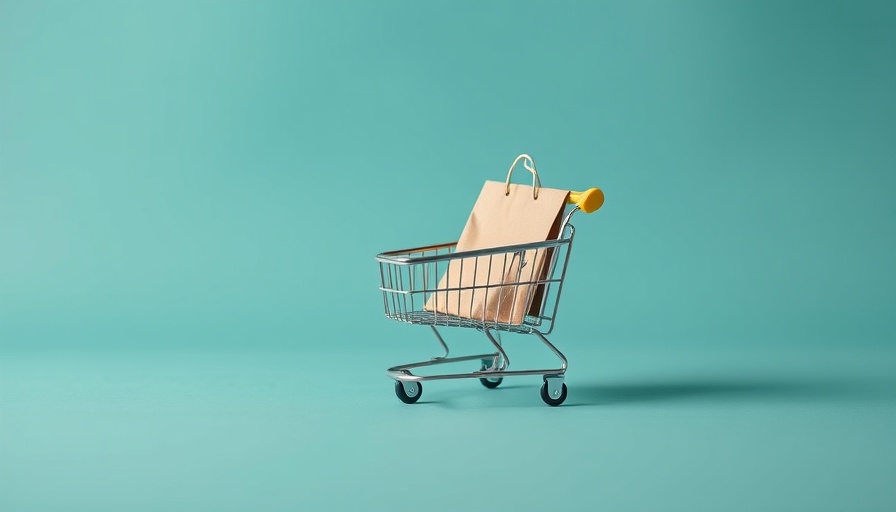 Minimalist shopping setup with cart and bag on teal background, brand building.