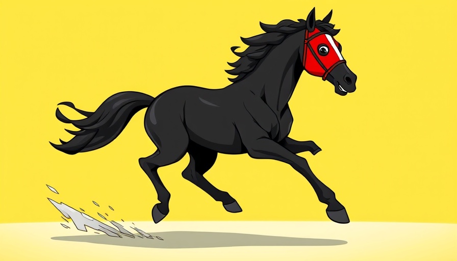 Stylized black horse running in cartoon style, vibrant colors.