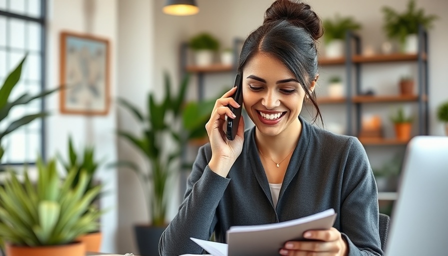 Smiling woman engaged in cold calling in modern office.
