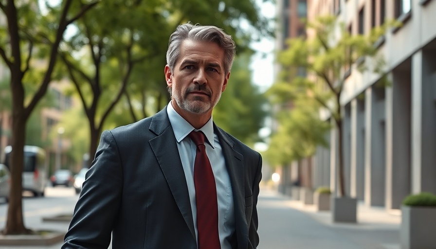 Confident man in suit walking on city sidewalk, connected to financial ethics.