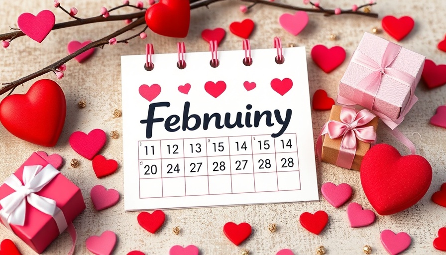 February marketing calendar with Valentine's decor.