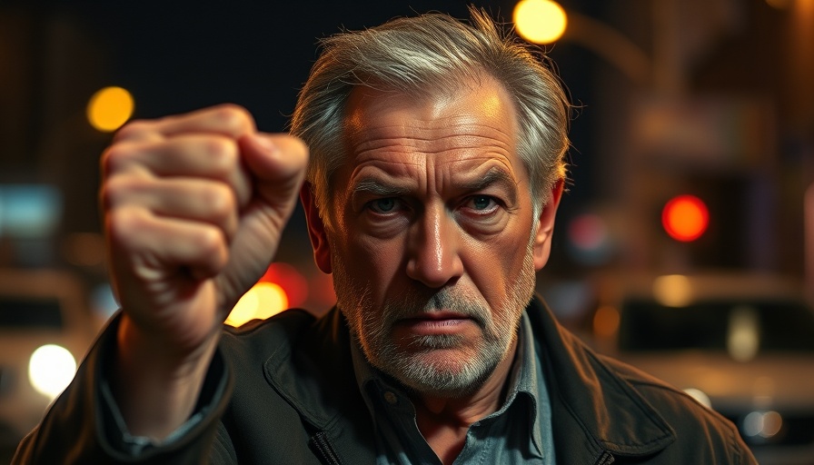 Serious man raising fist at night with cars in background, tariffs.